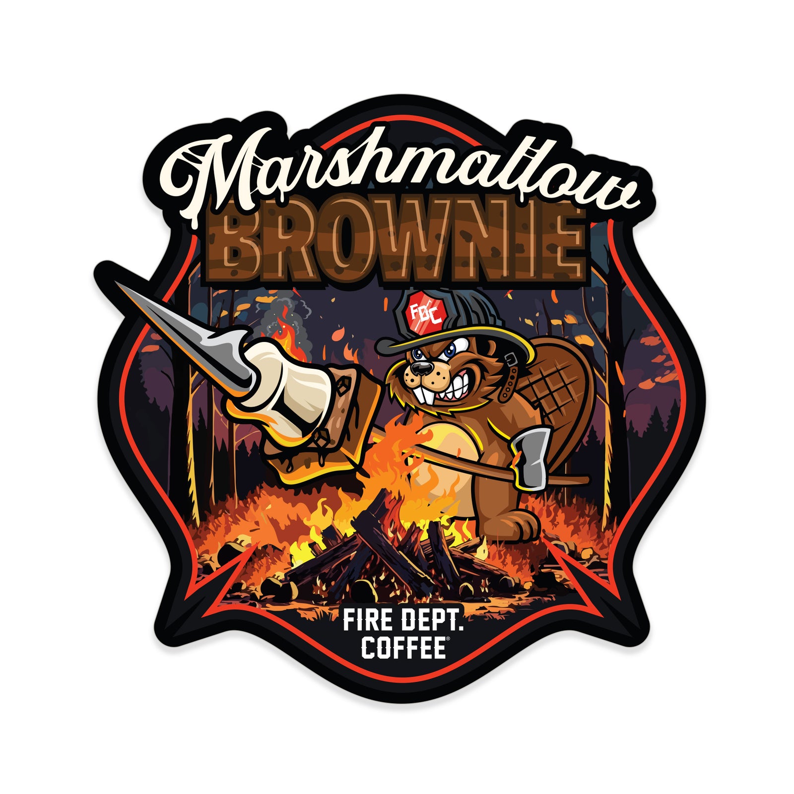 An illustration of a beaver roasting a marshmallow over an open flame with text that reads MARSHMALLOW BROWNIE