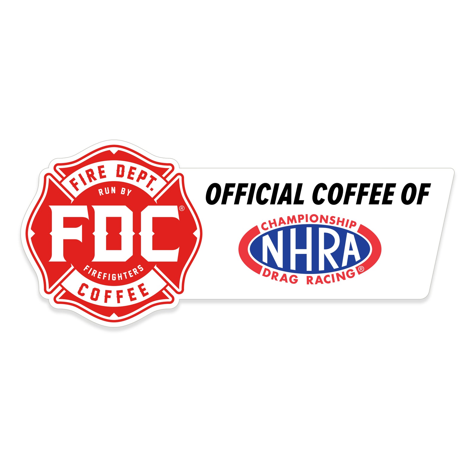 Fire Department Coffee's maltese cross logo with text next to it that reads OFFICIAL COFFEE OF NHRA CHAMPIONSHIP DRAG RACING
