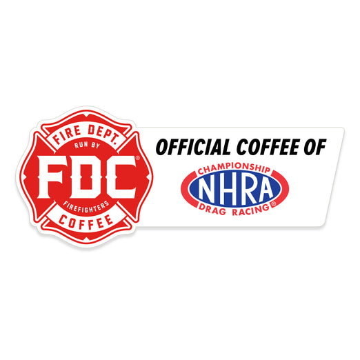 Fire Department Coffee’s maltese cross logo with text next to it that reads OFFICIAL COFFEE OF NHRA CHAMPIONSHIP DRAG RACING