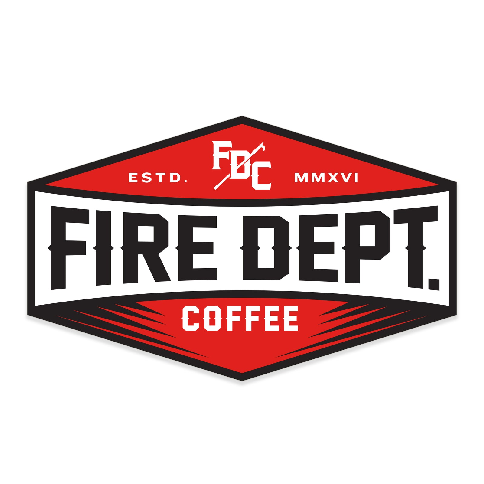 A red and white sticker design that says FIRE DEPT. COFFEE ESTD. MMXVI