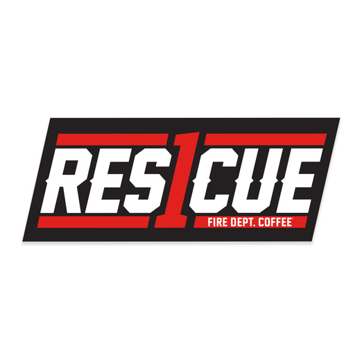 A black background with red and white text that reads RESCUE 1 FIRE DEPT. COFFEE