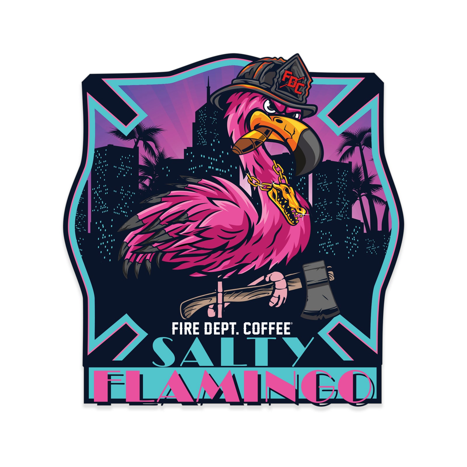 An illustration of a flamingo holding an axe with text that reads SALTY FLAMINGO