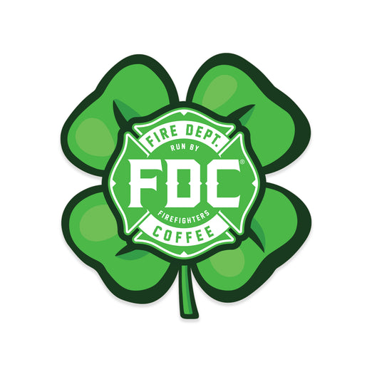 A green shamrock design with a green FDC maltese cross logo at its center