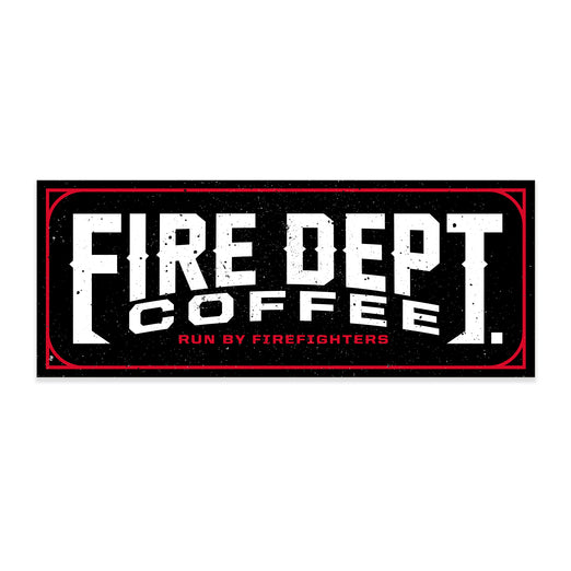 A black, vintage sticker design with white text that reads FIRE DEPT. COFFEE RUN BY FIREFIGHTERS