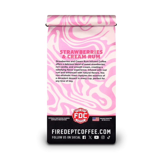 Back of the Strawberries & Cream Rum Infused Coffee bag on a white background.