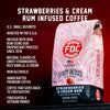 A bag of Strawberries and Cream Rum Infused Coffee with bullet points that read, "U.S small business, roasted in the U.S.A, natural flavors of sweet strawberries, rich vanilla, and cream, handcrafted premium coffee, infused with real rum using our proprietary process since 2016, non-alcoholic, coffee that gives back to firefighters, firefighter and veteran owned."