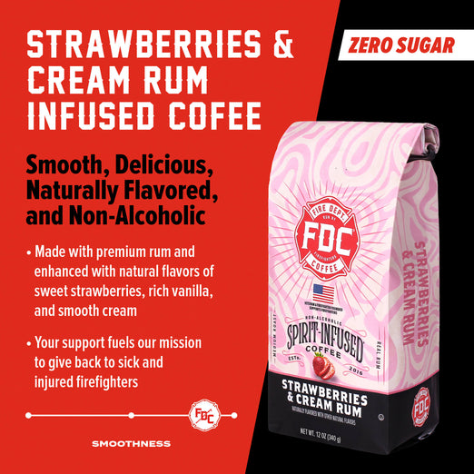 A bag of Strawberries and Cream Rum Infused Coffee. Text reads, ”Strawberries and Cream Rum Infused Coffee. Smooth, Delicious, & Non-Alcoholic. Zero Sugar. Made with premium rum and  enhanced with natural flavors of sweet strawberries, rich vanilla, and smooth cream. Your support fuels our mission to give back to sick and injured firefighters” There is a slider indicating a high level of smoothness.