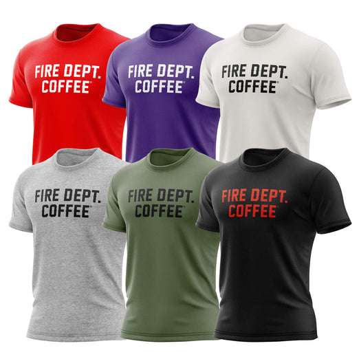 Six t-shirts in red, purple, vintage white, heather gray, military green, and black with  ’FIRE DEPT. COFFEE’ text in various colors on a white background.
