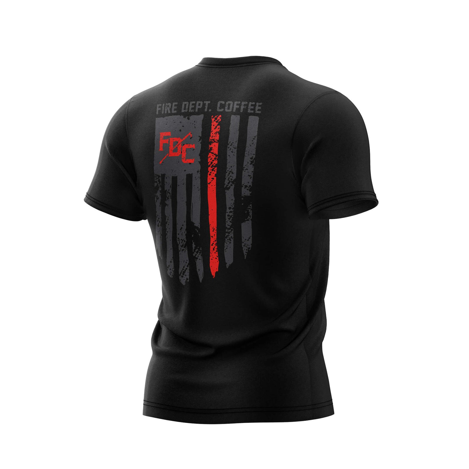The back of a black t shirt with the thin red line going down the back. FDC pike pole logo is in the top right corner of the flag in red and text "fire dept. coffee" is above the flag.