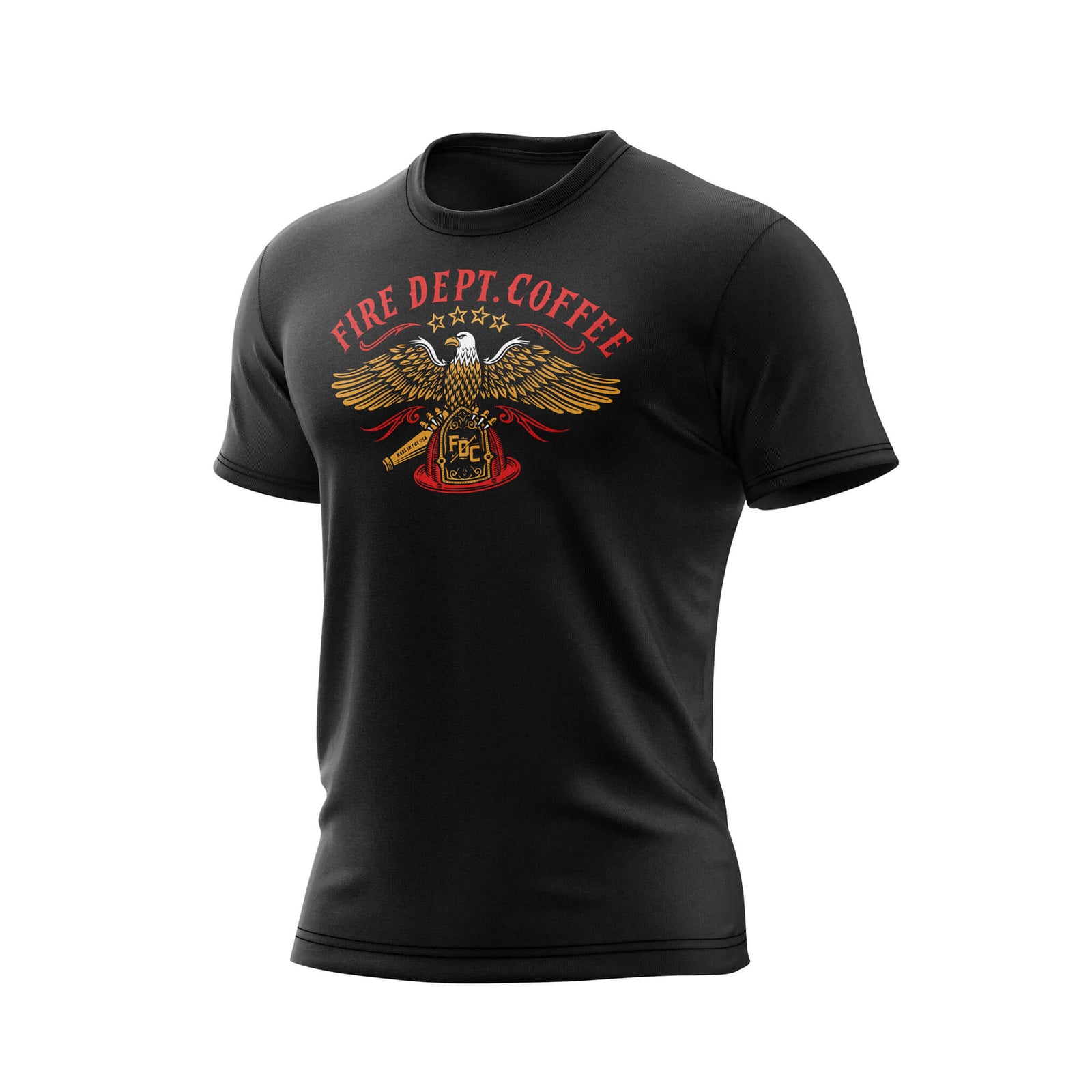 The front side of a black t shirt. On the chest of the t shirt is an eagle holding an FDC fire helmet. Above the eagle is text that reads "Fire Dept. Coffee"