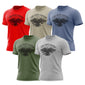 Five t-shirts in red, sand, blue, green, and gray with a US eagle design and ’Fire Dept. Coffee’ text.