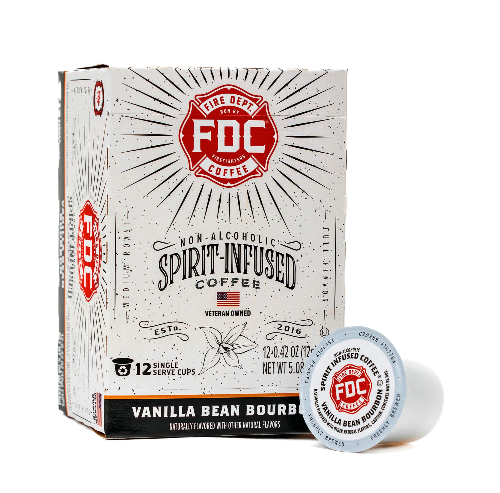A 12 count box of Fire Department Coffee's Vanilla Bean Bourbon Infused Coffee Pods