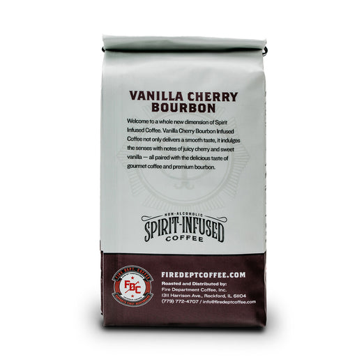 Fire Dept. Coffee’s 12 ounce Vanilla Cherry Bourbon Infused Coffee in a rectangular package.