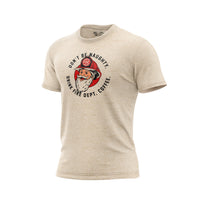 Tan t-shirt with an illustration of Santa in the center of the chest with text around him that reads DON’T BE NAUGHTY DRINK FIRE DEPARTMENT COFFEE