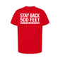 A youth-size red shirt that has the FDC maltese cross on the front and a back that reads, ”Stay back 500 feet until my mom has her coffee”