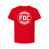 A youth-size red shirt that has the FDC maltese cross on the front and a back that reads, ”Stay back 500 feet until my mom has her coffee”