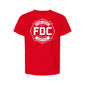 A youth-size red shirt that has the FDC maltese cross on the front and a back that reads, ”Stay back 500 feet until my mom has her coffee”