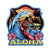 This sticker features a Hawaii firefighter surfing a wave with text below that reads, "Aloha".