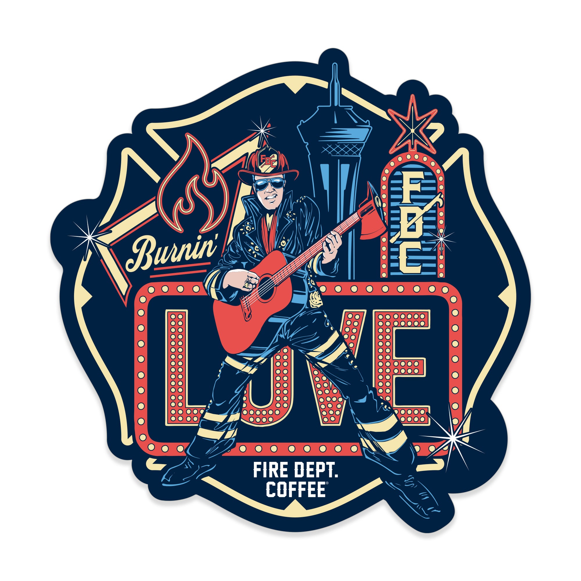 This sticker features a firefighter playing a guitar in from of Las Vegas-inspired illustrations.