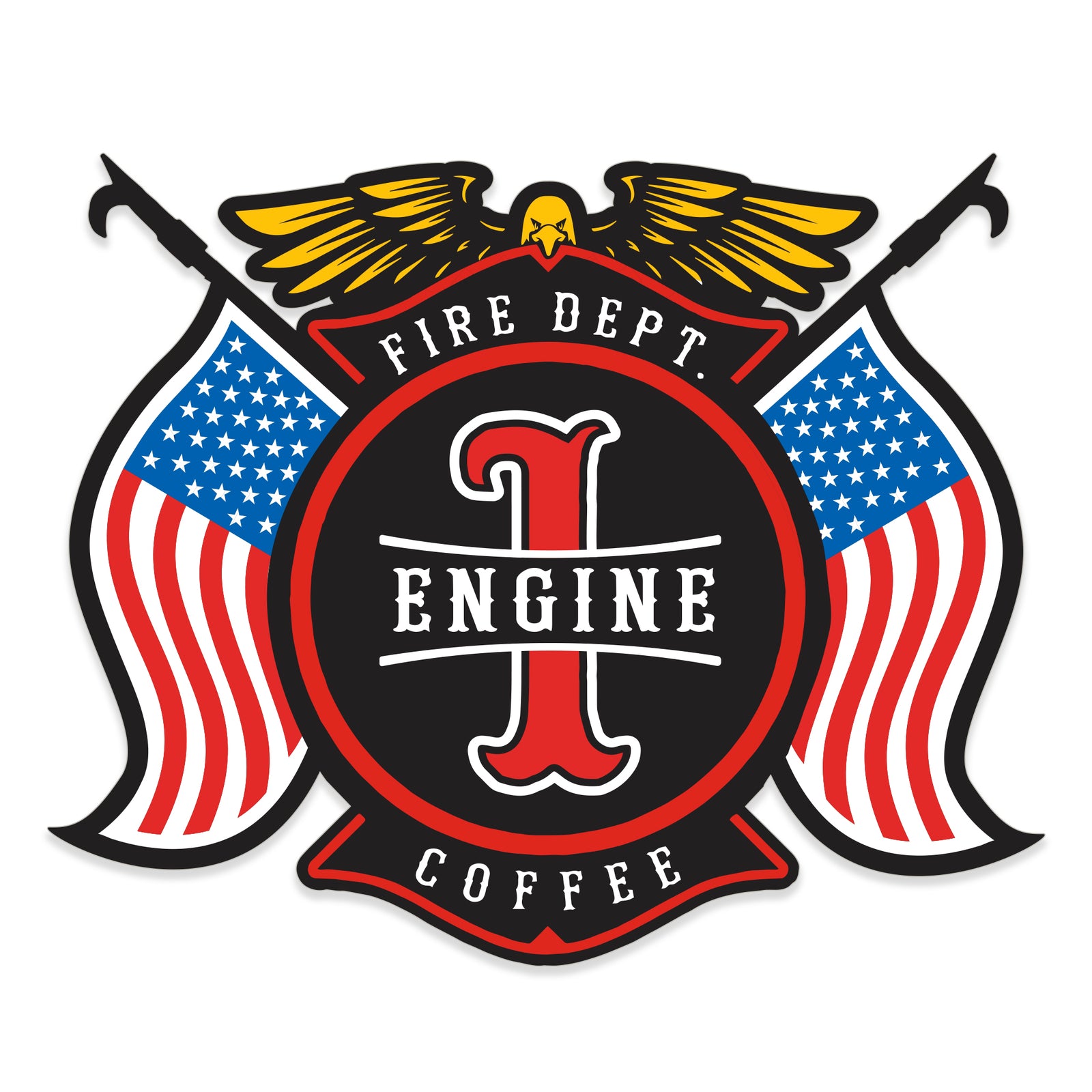 A maltese cross design with American flags on each side, a golden eagle on top and text that reads "Engine 1" in the center.