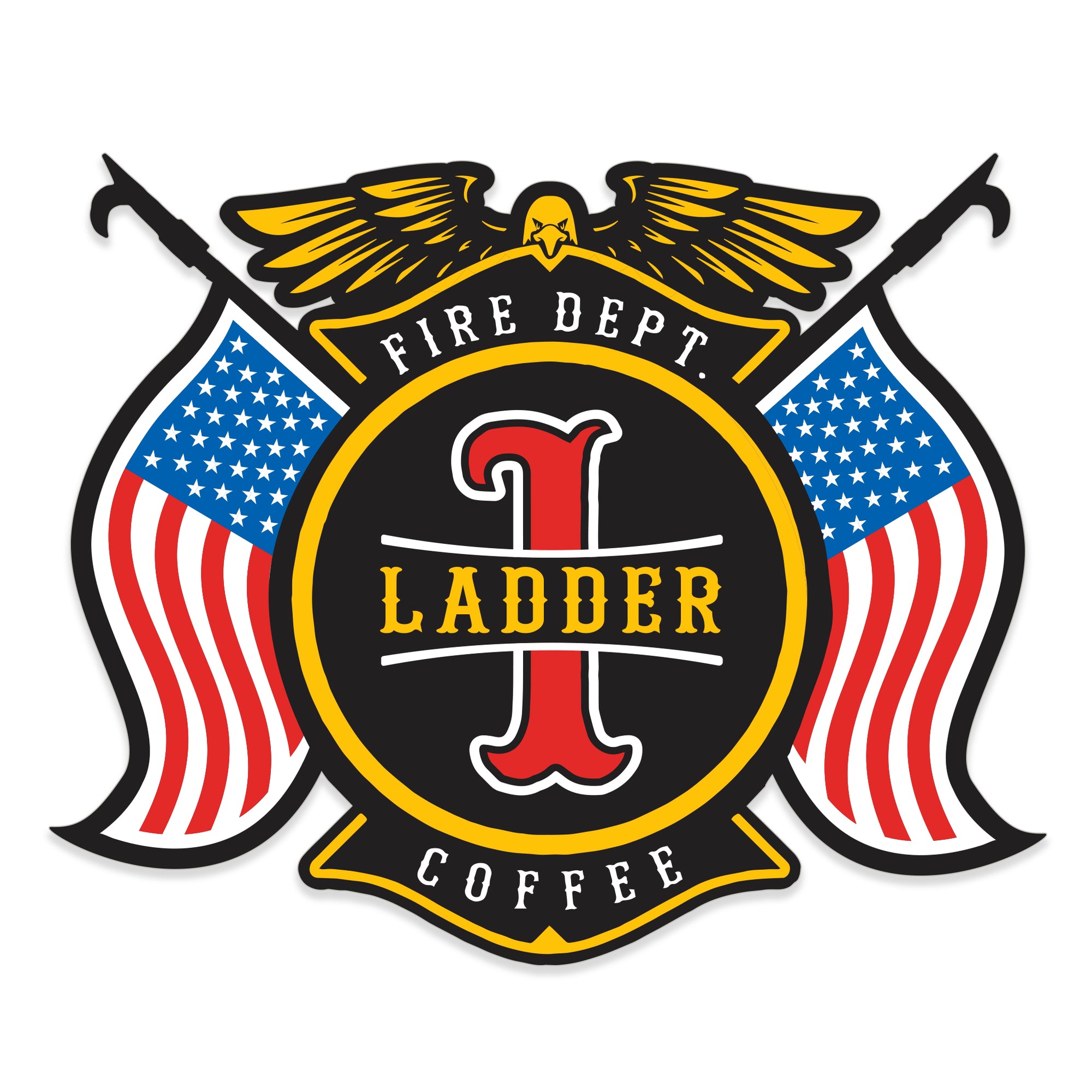 A maltese cross design with American flags on each side, a golden eagle on top and text that reads "Ladder 1" in the center.