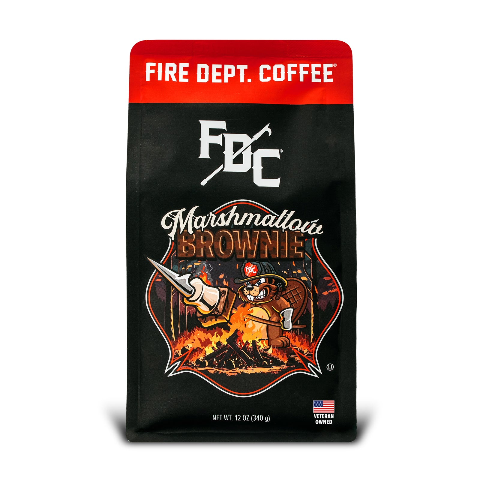 A bag of Fire Department Coffee's 12 oz Marshmallow Brownie Coffee with a red section accross the top that says "Fire Dept. Coffee". The art on the bag features a beaver holding a pike pole with a marshmallow and brownie on it over a campfire. The title reads, "Marshmallow Brownie" and there is a veteran owned badge with an American flag in the bottom right corner.