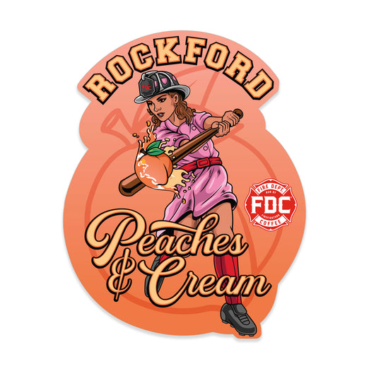 This sticker features an illustration of a female baseball player hitting a peach with a bat. Text around the edges reads ”Rockford Peaches and Cream”.
