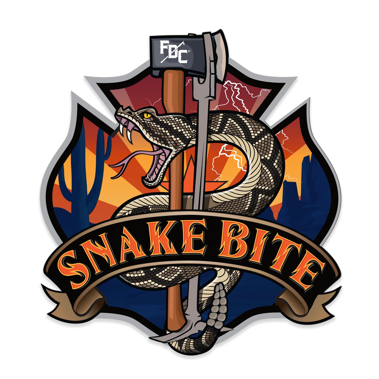 This sticker's background is a landscape of the desert and the indigenous rattlesnake wrapped around a set of irons. The text on the sticker reads, "Snake Bite".