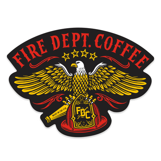 This sticker features a US Eagle design with a black background. Copy above reads” FIRE DEPARTMENT COFFEE”