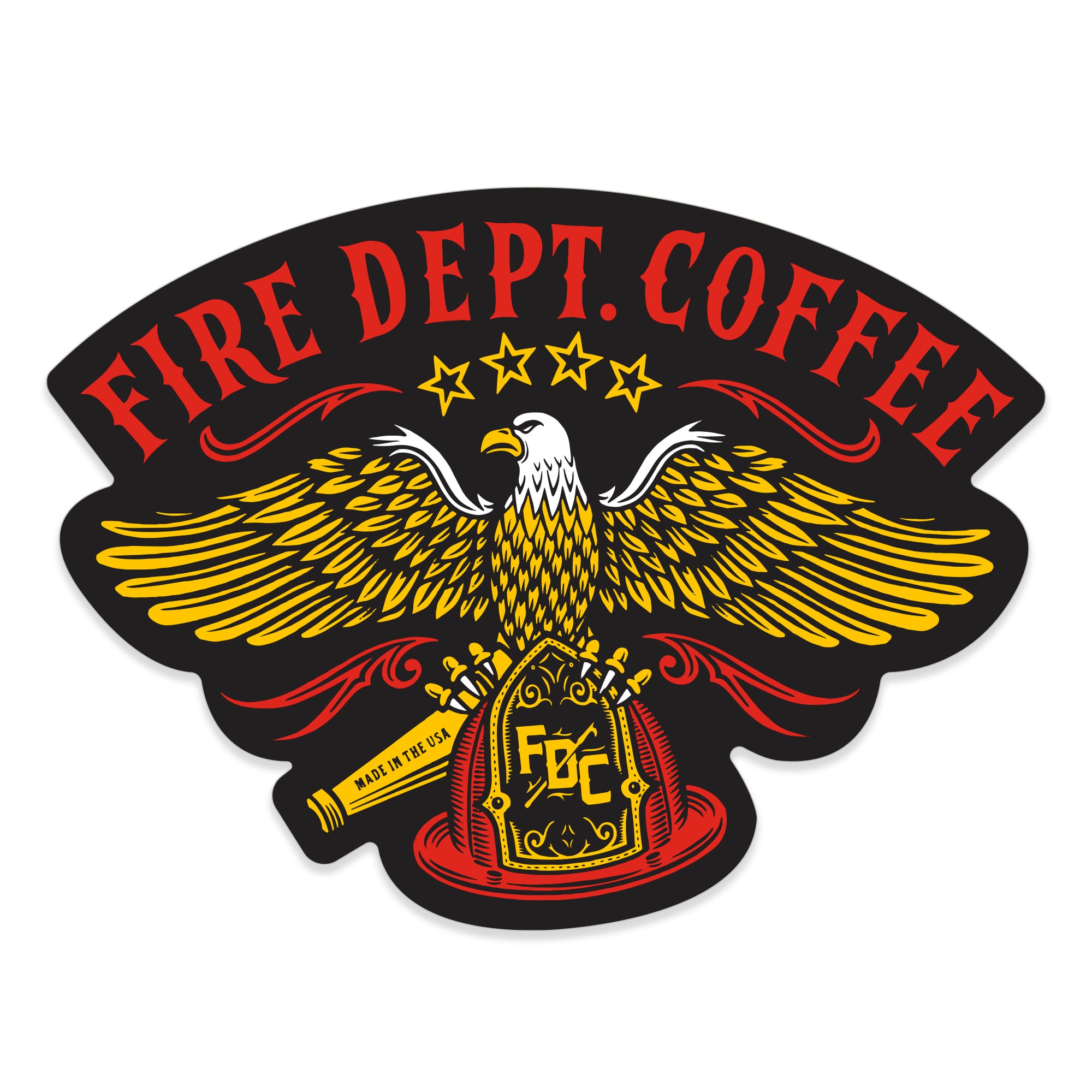 This sticker features a US Eagle design with a black background. Copy above reads" FIRE DEPARTMENT COFFEE"