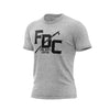 A heather gray Fire Dept. Coffee T-shirt displayed on a white background, featuring a large black FDC logo with a pike pole graphic through the middle and small ‘Fire Dept. Coffee’ text underneath the logo on the front.