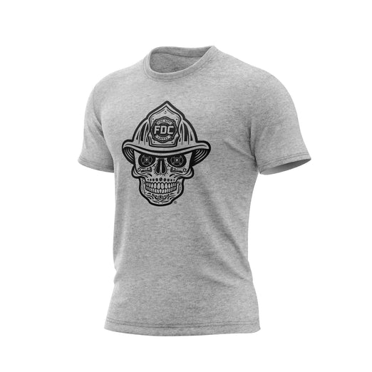 A heather gray t-shirt with a black skull design wearing a fire helmet on a white background