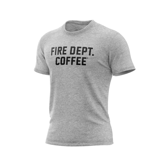 A heather gray t-shirt with black ’FIRE DEPT. COFFEE’ text on a white background