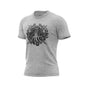 A heather gray Fire Dept. Coffee T-shirt displayed on a white background, featuring a large black Shellback-inspired graphic with an FDC logo and octopus design on the front.