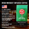 A bag of Irish Whiskey Infused Coffee with bullet points that read, "U.S small business, roasted in the U.S.A, notes of toffee, butterscotch, and vanilla, handcrafted premium coffee, infused with real Irish Whiskey using our proprietary process since 2016, non-alcoholic, coffee that gives back to firefighters, firefighter and veteran owned". 