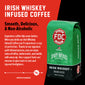 A bag of Irish Whiskey Infused Coffee with bold words that read, ”Smooth, Delicious, and Non-Alcoholic”. A paragraph below reads ”Experience coffee like never before. When you drink our Irish Whiskey Infused Coffee you’ll experience a cup of perfection. Thanks to our signature spirit infused process, you can enjoy notes toffee, butterscotch, and vanilla with every sip. Your support fuels our mission to give back to sick and injured firefighters.” 