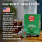 A box of Irish Whiskey Infused Coffee Pods with bullet points that read, ”U.S small business, roasted in the U.S.A, notes of toffee, butterscotch, and vanilla, compatible with 2.0 brewing systems, infused with real Irish Whiskey using our proprietary process since 2016, non-alcoholic, coffee that gives back to firefighters, firefighter and veteran owned”.
