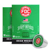 A box of FDC Fire Department New York City Coffee Irish Whiskey non-alcoholic spirit-infused coffee, shown with two additional boxes and a single single-serve coffee pod in the foreground on a white background.