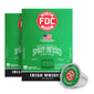 A box of FDC Fire Department New York City Coffee Irish Whiskey non-alcoholic spirit-infused coffee, shown with two additional boxes and a single single-serve coffee pod in the foreground on a white background.