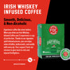 A box of Irish Whiskey Infused Coffee Pods with bold text that reads "Smooth, Delicious, ans Non-Alcoholic. A paragraph under reads, "Experience coffee like never before. When you drink our Irish Whiskey infused Coffee you'll experience a cup of perfection. Thanks to our signature spirit infused process, you can enjoy notes of toffee, butterscotch, and vanilla with every sip Your support fuels our mission to give back to sick and injured firefighters."
