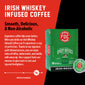 A box of Irish Whiskey Infused Coffee Pods with bold text that reads ”Smooth, Delicious, ans Non-Alcoholic. A paragraph under reads, ”Experience coffee like never before. When you drink our Irish Whiskey infused Coffee you’ll experience a cup of perfection. Thanks to our signature spirit infused process, you can enjoy notes of toffee, butterscotch, and vanilla with every sip Your support fuels our mission to give back to sick and injured firefighters.”