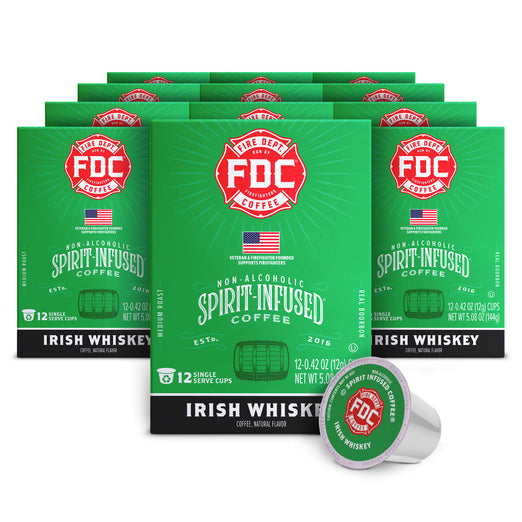 Multiple packages of FDC Irish Whiskey coffee on a white background