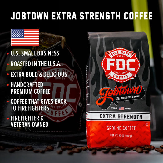 A bag of Jobtown Extra Strength Coffee with bullet points that read, ”U.S small business, roasted in the U.S.A, extra bold and delicious, handcrafted premium coffee, coffee that gives back to firefighters, firefighter and veteran owned”. 