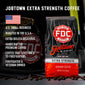 A bag of Jobtown Extra Strength Coffee with bullet points that read, ”U.S small business, roasted in the U.S.A, extra bold and delicious, handcrafted premium coffee, coffee that gives back to firefighters, firefighter and veteran owned”. 