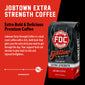 A bag of Jobtown Extra Strength Coffee with bold words that read, ”Extra Bold and Delicious Premium Coffee”. A paragraph under reads, ”Jobtown Extra Strength Coffee is a dark roast coffee with a rich, bold taste that gives you the extra kick you need to get through the day. Your support fuels our mission to give back to sick and injured firefighters.”