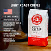 A bag of Light Roast Coffee with bullet points that read, "U.S small business, roasted in the U.S.A, bright, smooth taste and full of flavor, handcrafted premium coffee, coffee that gives back to firefighters, firefighter and veteran owned".