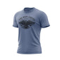A slate blue color t-shirt with US eagle graphic and ’Fire Dept. Coffee’ text on a white background.