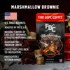 A bag of Marshmallow Brownie with bullet points that read, "U.S small business, roasted in the U.S.A, natural flavors of chocolate brownies and toasted marshmallows, handcrafted premium coffee, coffee that gives back to firefighters, firefighter and veteran owned".