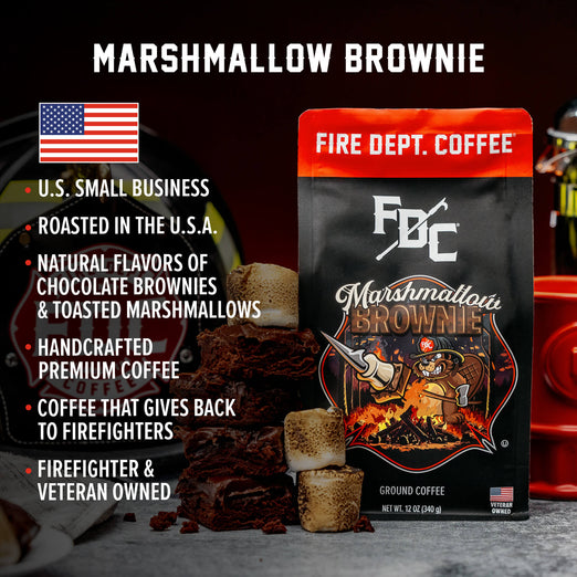 A bag of Marshmallow Brownie with bullet points that read, ”U.S small business, roasted in the U.S.A, natural flavors of chocolate brownies and toasted marshmallows, handcrafted premium coffee, coffee that gives back to firefighters, firefighter and veteran owned”.