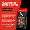 A bag of Marshmallow Brownie Coffee with bold words that read "Naturally Flavored Premium Coffee". A paragraph under reads, "There's nothing quite like the taste of a freshly roasted marshmallow over an open flame. But what if you could enjoy the same delicious flavor in a cup of coffee? Enjoy the delicious taste of Marshmallow Brownie Coffee. Your support fuels our mission to give back to sick and injured firefighters."